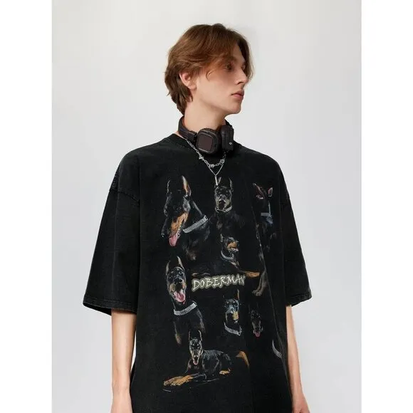 ⭐ Aelfric Eden Oversized Dog Graphic Tee Men's Streetwear Casual Unisex T-Shirt