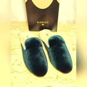 🛑 Birdies The Phoebe Cozy Faux Fur Lined Emerald Green Velvet Mule Slipper 8.5