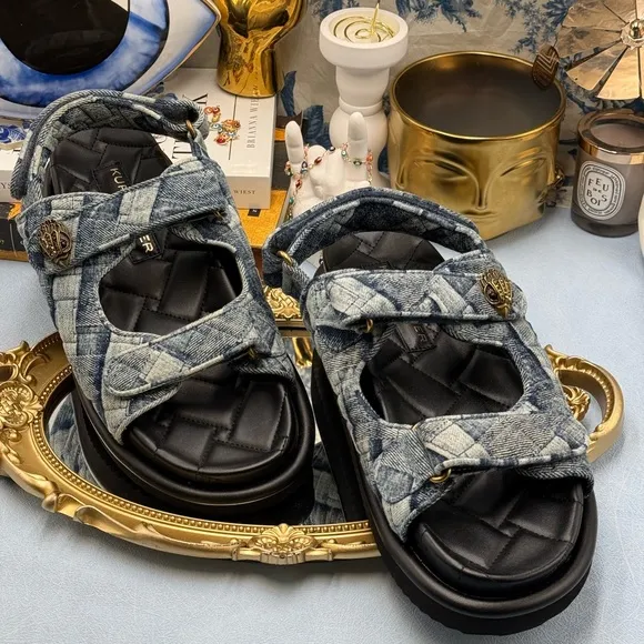 🆕 KURT GEIGER LONDON 🧿 NWOB Orson Blue Denim Velcro Dad Sandals Sz EU38.5 US 8