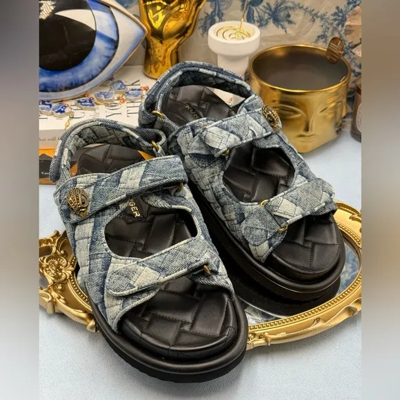 🆕 KURT GEIGER LONDON 🧿 NWOB Orson Blue Denim Velcro Dad Sandals Sz EU38.5 US 8