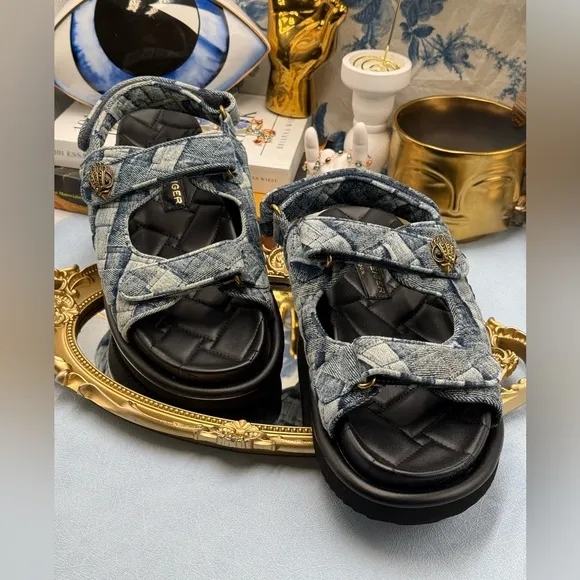 🆕 KURT GEIGER LONDON 🧿 NWOB Orson Blue Denim Velcro Dad Sandals Sz EU38.5 US 8