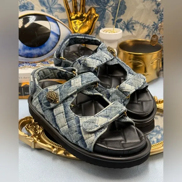 🆕 KURT GEIGER LONDON 🧿 NWOB Orson Blue Denim Velcro Dad Sandals Sz EU38.5 US 8