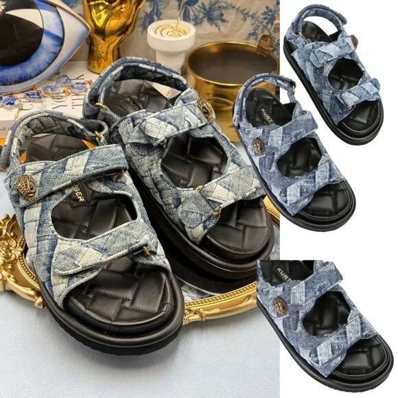 🆕 KURT GEIGER LONDON 🧿 NWOB Orson Blue Denim Velcro Dad Sandals Sz EU38.5 US 8