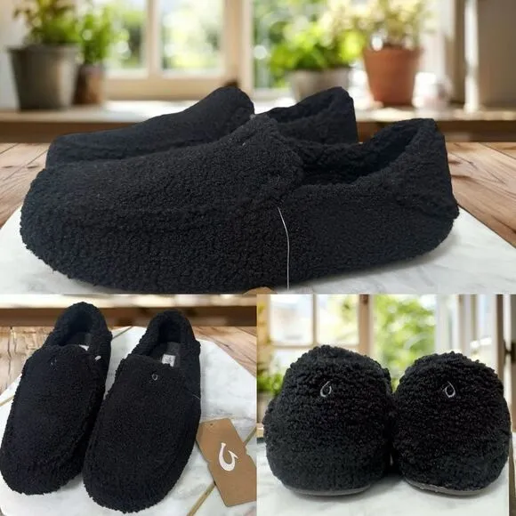 🔥🔥 OLUKAI Nohea Heu Black Shearling Slip On Loafer Slipper Flats Size 8 EU 38