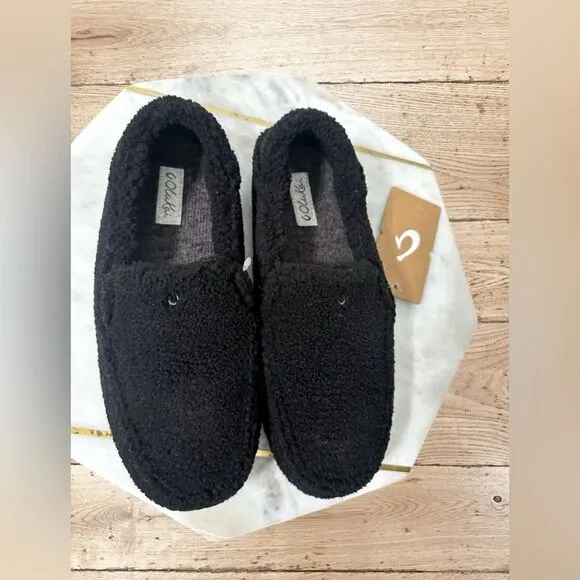 🔥🔥 OLUKAI Nohea Heu Black Shearling Slip On Loafer Slipper Flats Size 8 EU 38