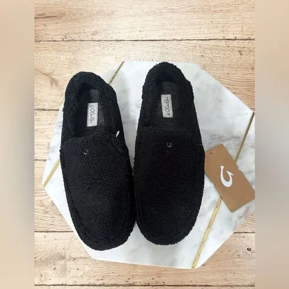 🔥🔥 OLUKAI Nohea Heu Black Shearling Slip On Loafer Slipper Flats Size 8 EU 38