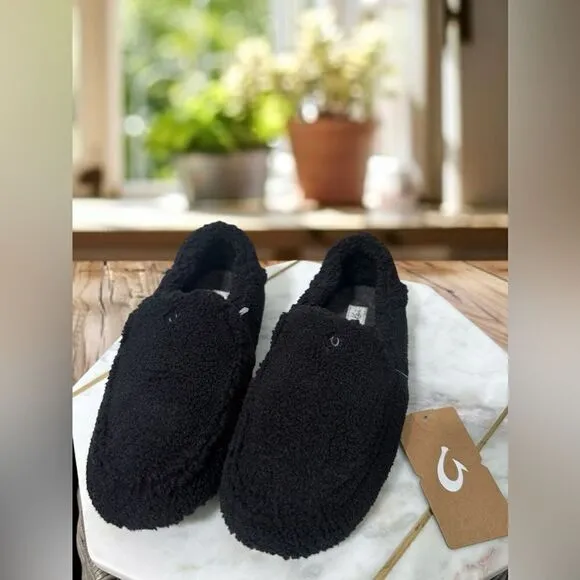 🔥🔥 OLUKAI Nohea Heu Black Shearling Slip On Loafer Slipper Flats Size 9 EU 39