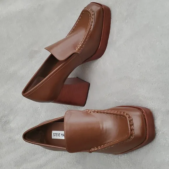 🆕️ STEVE MADDEN Etney Brown Wooden Platform Block Heel Loafers SIZE: 7M