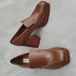 🆕️ STEVE MADDEN Etney Brown Wooden Platform Block Heel Loafers SIZE: 7M