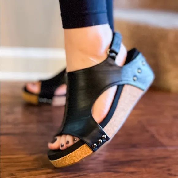 1 left! Corkys Footwear Volta II Black Smooth Lower Heel Wedge Sandal size 10