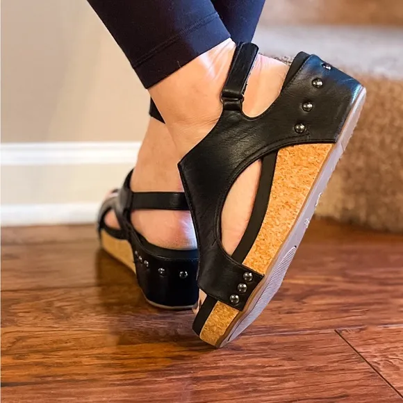 2 left! Corkys Footwear Volta II Black Smooth Lower Heel Wedge Sandal size 10