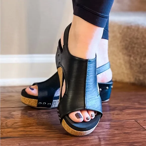 2 left! Corkys Footwear Volta II Black Smooth Lower Heel Wedge Sandal size 10