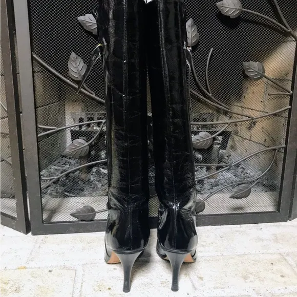 $595 Jimmy Choo Black Patent Knee High Boots Black - 38.5