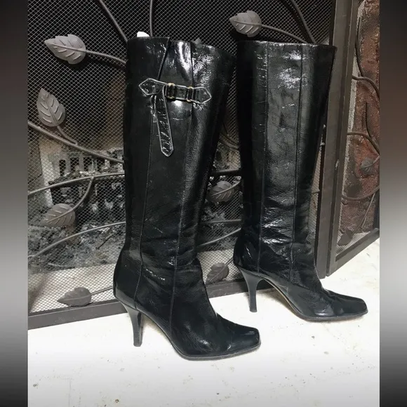$595 Jimmy Choo Black Patent Knee High Boots Black - 38.5