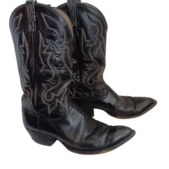 9D Men's Vintage 70's Black Leather Western Cowboy Boots Black Dan Post