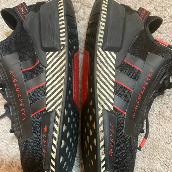 Adidas NMD R1 V2 dazzle Black and Red Sneakers with Futuristic Aesthetic