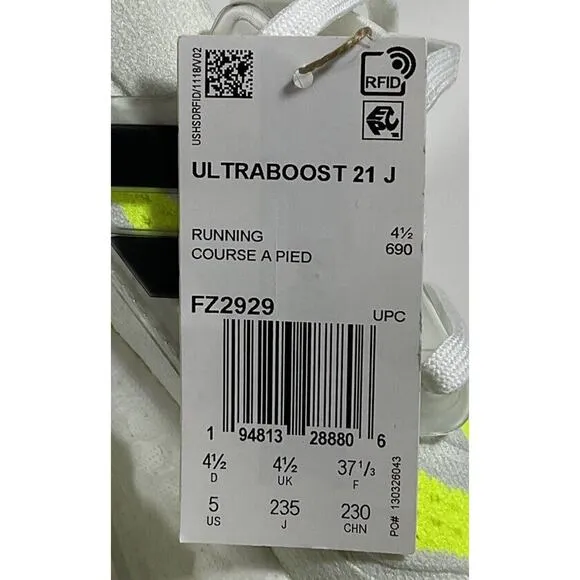 Adidas Ultraboost 21 J Running White Solar Yellow Sneakers FZ2929 Size 5