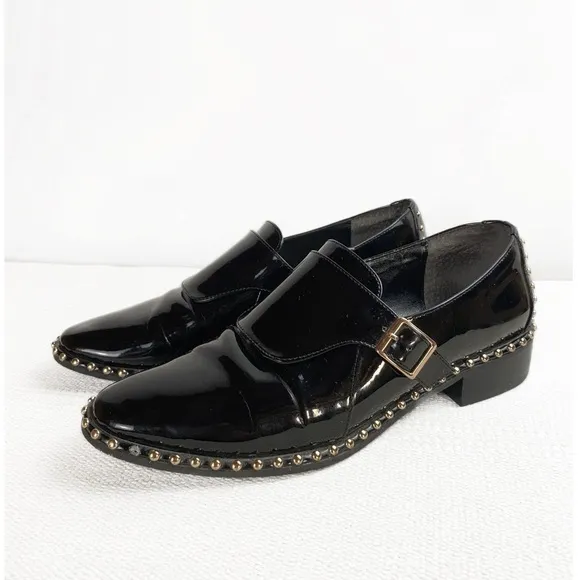 ADRIANNA PAPELL Pierce Patent Leather Loafers Black   Gold Womens size 8.5