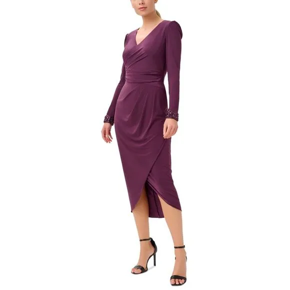 Adrianna Papell Women's Black Jersey Wrap Midi Dress Long-Sleeve Size M