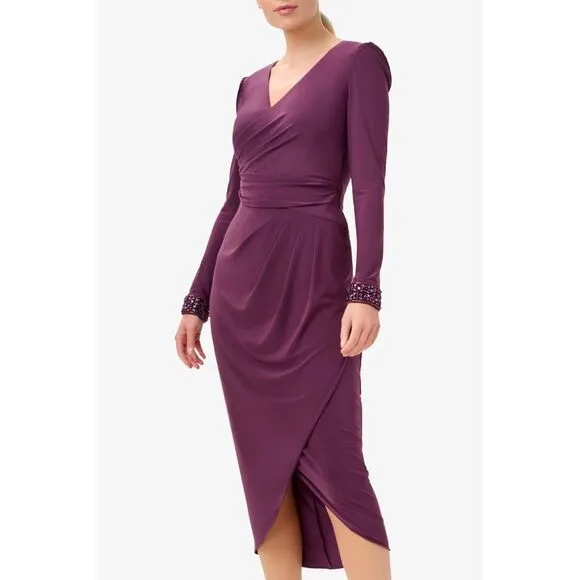 Adrianna Papell Women's Black Jersey Wrap Midi Dress Long-Sleeve Size M