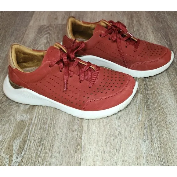 AETREX LAURA ARCH SUPPORT SNEAKERS LEATHER PERFORATED Red Black Size 6-6.6 US