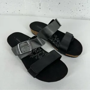 Aetrex Women’s size 7.5 Daisy Black &amp; Gunmetal Velcro Leather Sandals