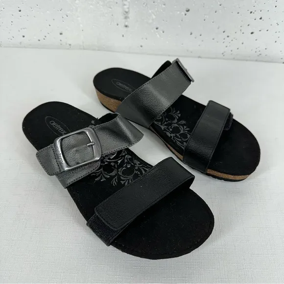 Aetrex Women’s size 7.5 Daisy Black &amp; Gunmetal Velcro Leather Sandals