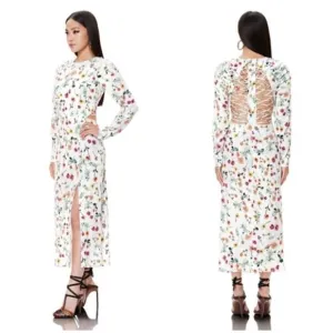 AFRM Kiah Floral Strappy Lattice Back Cutout Long Puff Sleeve Midi Dress Sz S