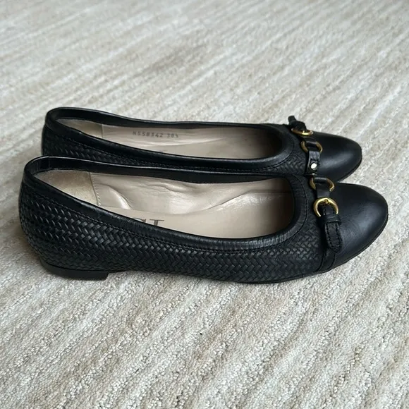 AGL Attilio Giusti Leombruni Black Leather Woven Cap Toe Ballet Flats Shoe 38.5