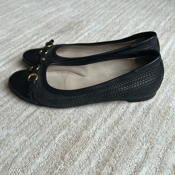 AGL Attilio Giusti Leombruni Black Leather Woven Cap Toe Ballet Flats Shoe 38.5
