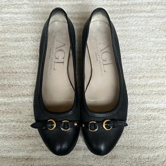 AGL Attilio Giusti Leombruni Black Leather Woven Cap Toe Ballet Flats Shoe 38.5