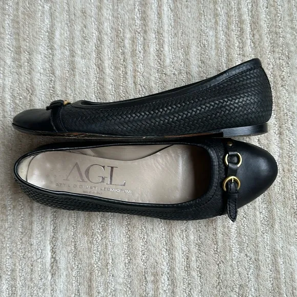 AGL Attilio Giusti Leombruni Black Leather Woven Cap Toe Ballet Flats Shoe 38.5