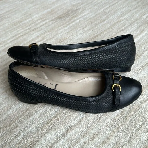 AGL Attilio Giusti Leombruni Black Leather Woven Cap Toe Ballet Flats Shoe 38.5