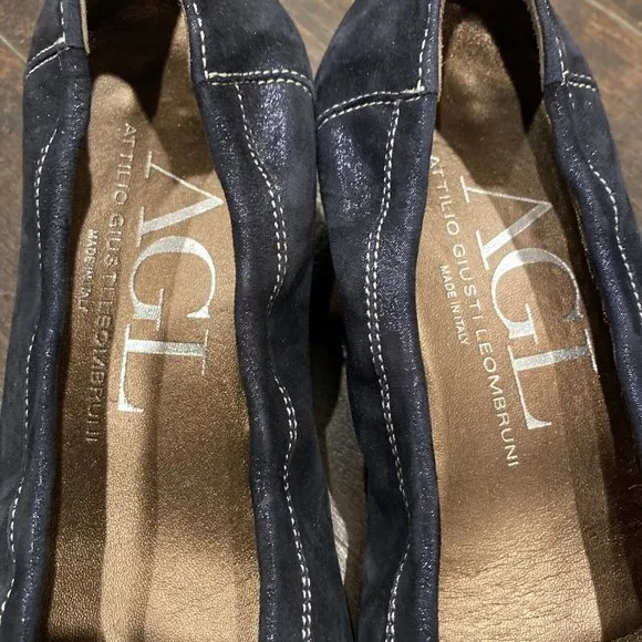 AGL ATTILIO GIUSTI LEOMBRUNI Navy Blue Suede Leather CAP TOE BALLET Wedge 8 38