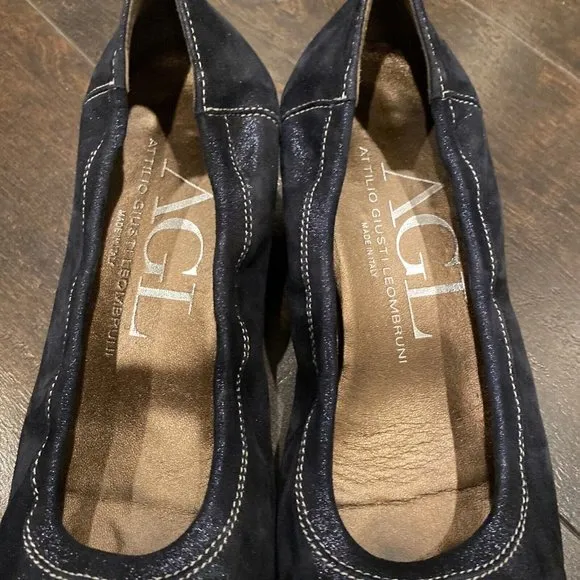 AGL ATTILIO GIUSTI LEOMBRUNI Navy Blue Suede Leather CAP TOE BALLET Wedge 8 38