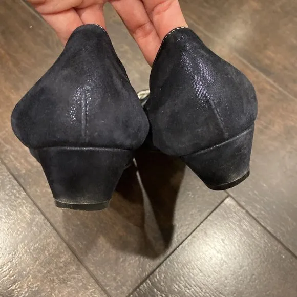AGL ATTILIO GIUSTI LEOMBRUNI Navy Blue Suede Leather CAP TOE BALLET Wedge 8 38