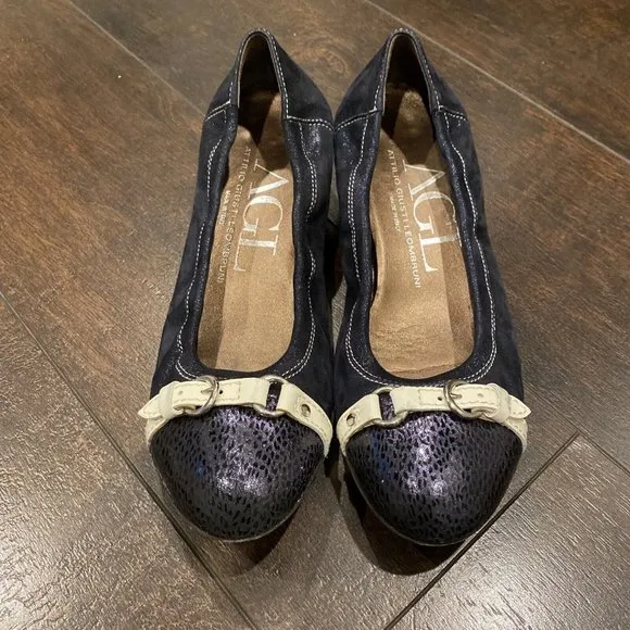 AGL ATTILIO GIUSTI LEOMBRUNI Navy Blue Suede Leather CAP TOE BALLET Wedge 8 38