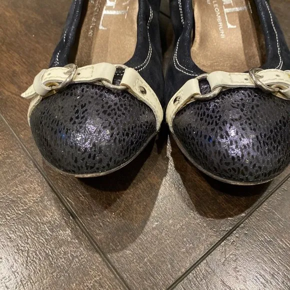 AGL ATTILIO GIUSTI LEOMBRUNI Navy Blue Suede Leather CAP TOE BALLET Wedge 8 38