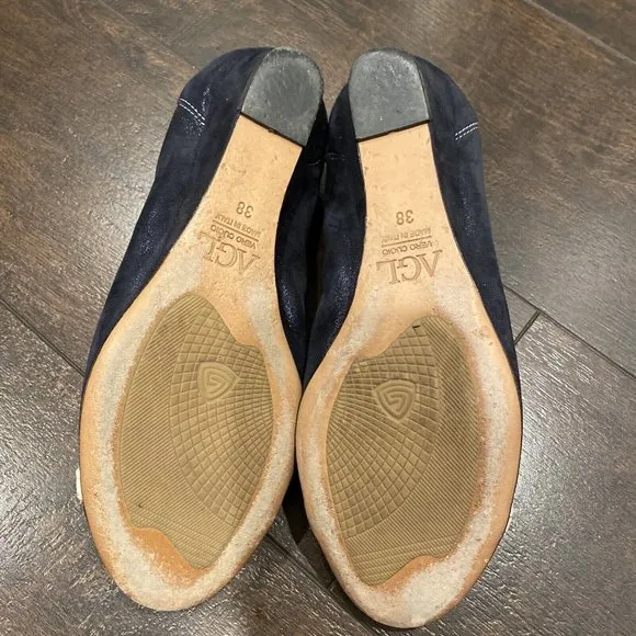 AGL ATTILIO GIUSTI LEOMBRUNI Navy Blue Suede Leather CAP TOE BALLET Wedge 8 38