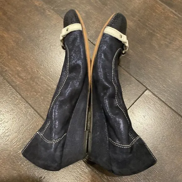 AGL ATTILIO GIUSTI LEOMBRUNI Navy Blue Suede Leather CAP TOE BALLET Wedge 8 38