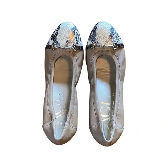 AGL Ballet Flats Nude Leather Snakeskin Toe Block Heel Size 37.5