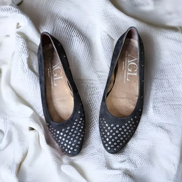 AGL Black Suede Studded Point Toe Flats