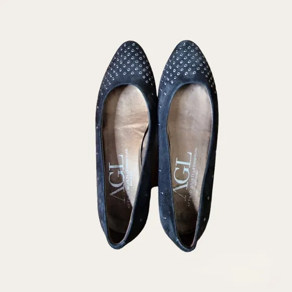 AGL Black Suede Studded Point Toe Flats