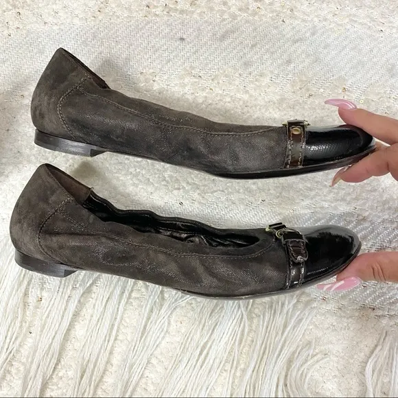 AGL brown metallic &amp; patent leather cap toe flats
