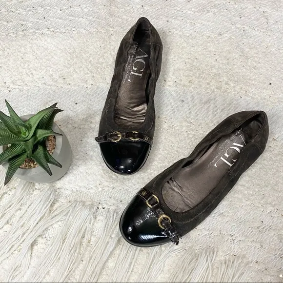 AGL brown metallic &amp; patent leather cap toe flats