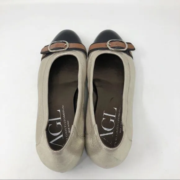 AGL gold black buckle ballet leather flats size 6.5