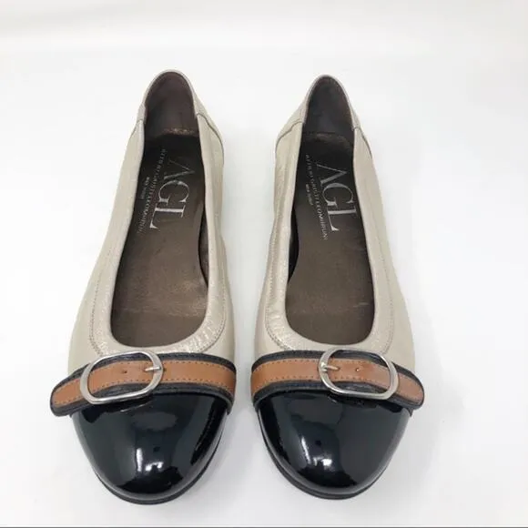 AGL gold black buckle ballet leather flats size 6.5