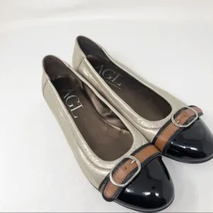 AGL gold black buckle ballet leather flats size 6.5