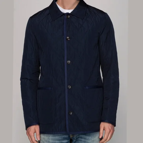 ALEGRI Quilted Italian Puffer Utility Jacket Coat Navy W/ Leather Collar 46/XL