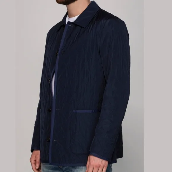 ALEGRI Quilted Italian Puffer Utility Jacket Coat Navy W/ Leather Collar 46/XL
